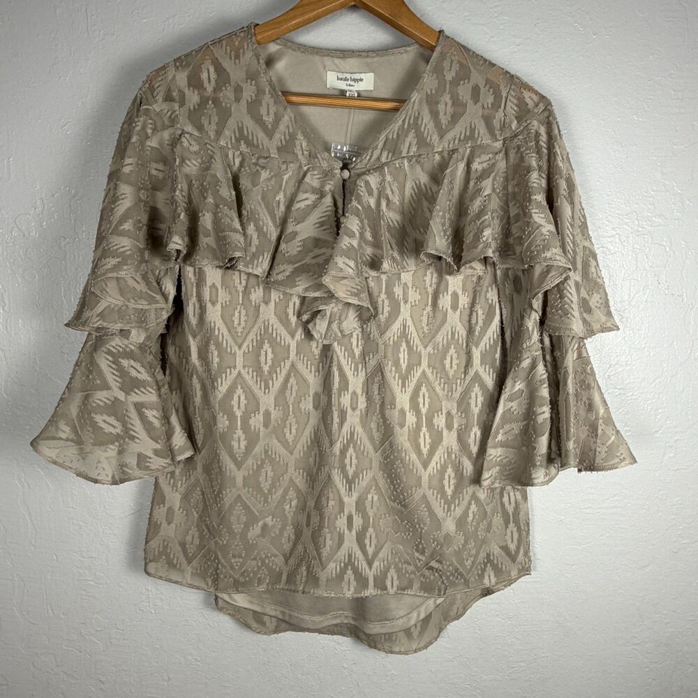 Haute Hippie Tribe Women’s XXS Beige Ruffle Bell Sleeve Boho Blouse Tunic